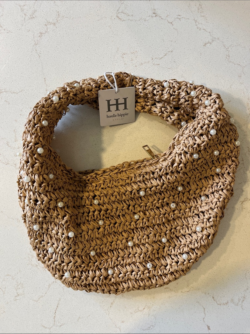 Haute Hippie Braided Tan Hobo with Pearl Accents